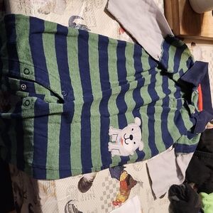 Striped Green and Blue Baby Romper with Bear Patch